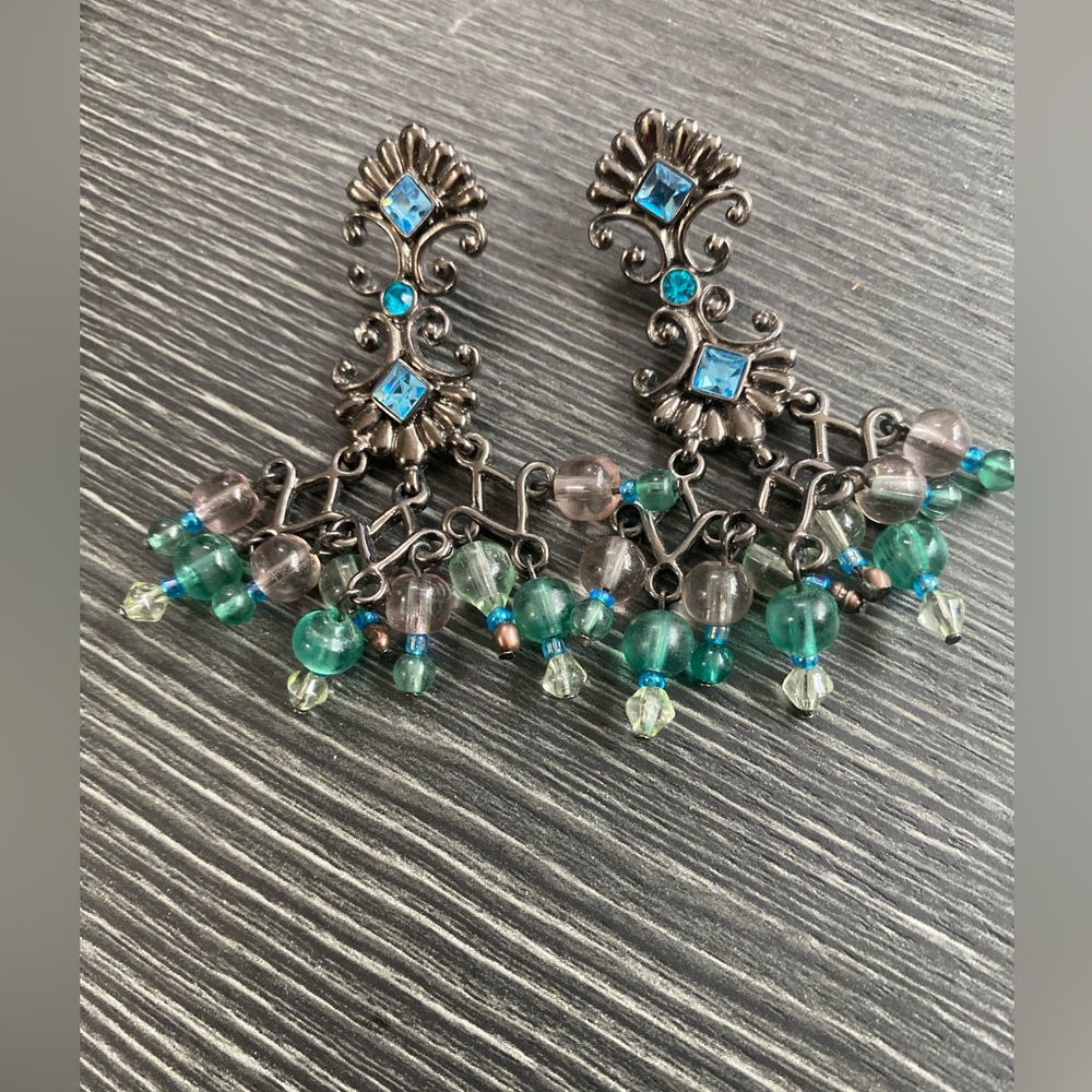 Joan Rivers Silver vintage   chandelier Earrings with Blue and Green Beads